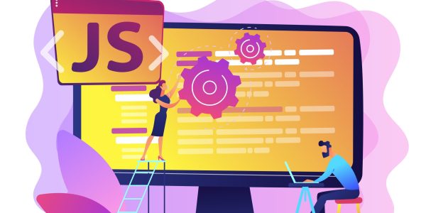 Programmers using JavaScript programming language on computer, tiny people. JavaScript language, JavaScript engine, JS web development concept. Bright vibrant violet vector isolated illustration
